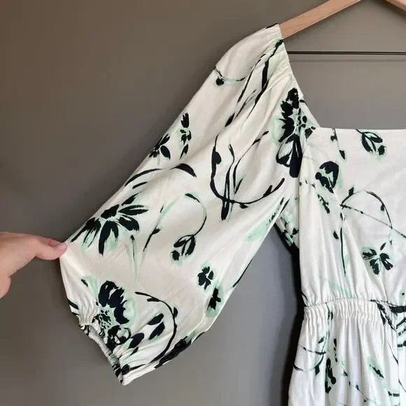 NWT Tanya Taylor‎ Stevie Romper Size Small Floral Linen Square Neck Puff Sleeve